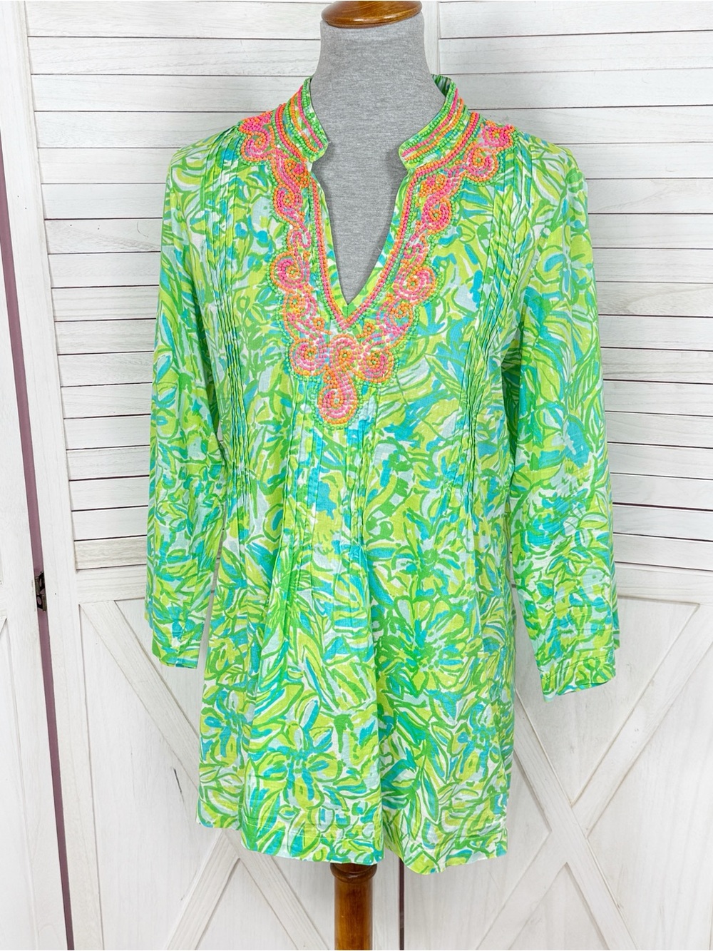 Lilly Pulitzer Sarasota Beaded Neck Tropical‎ Print Tunic Top Green Medium
